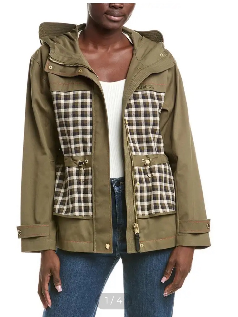 Mackage Female Kaori Hooded Utility Jacket with Plaid Pocket Panels in Olive